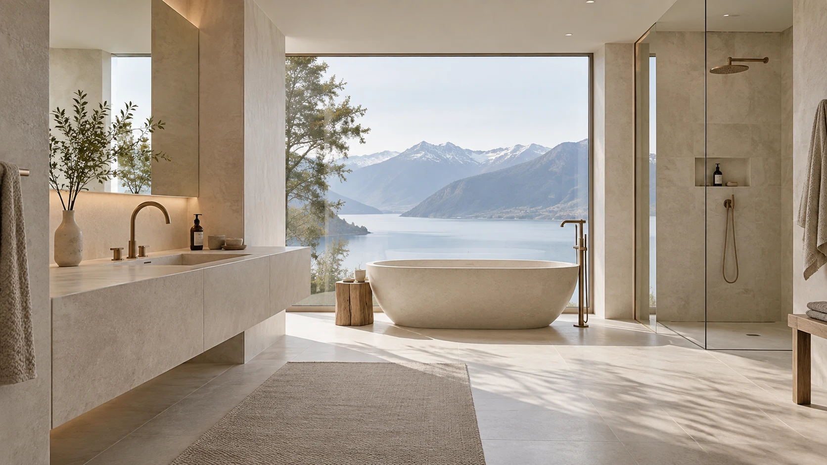 Ambiance illustrative : salle de bain en pierre claire, robinetterie bronze, vue sur le lac et les Alpes